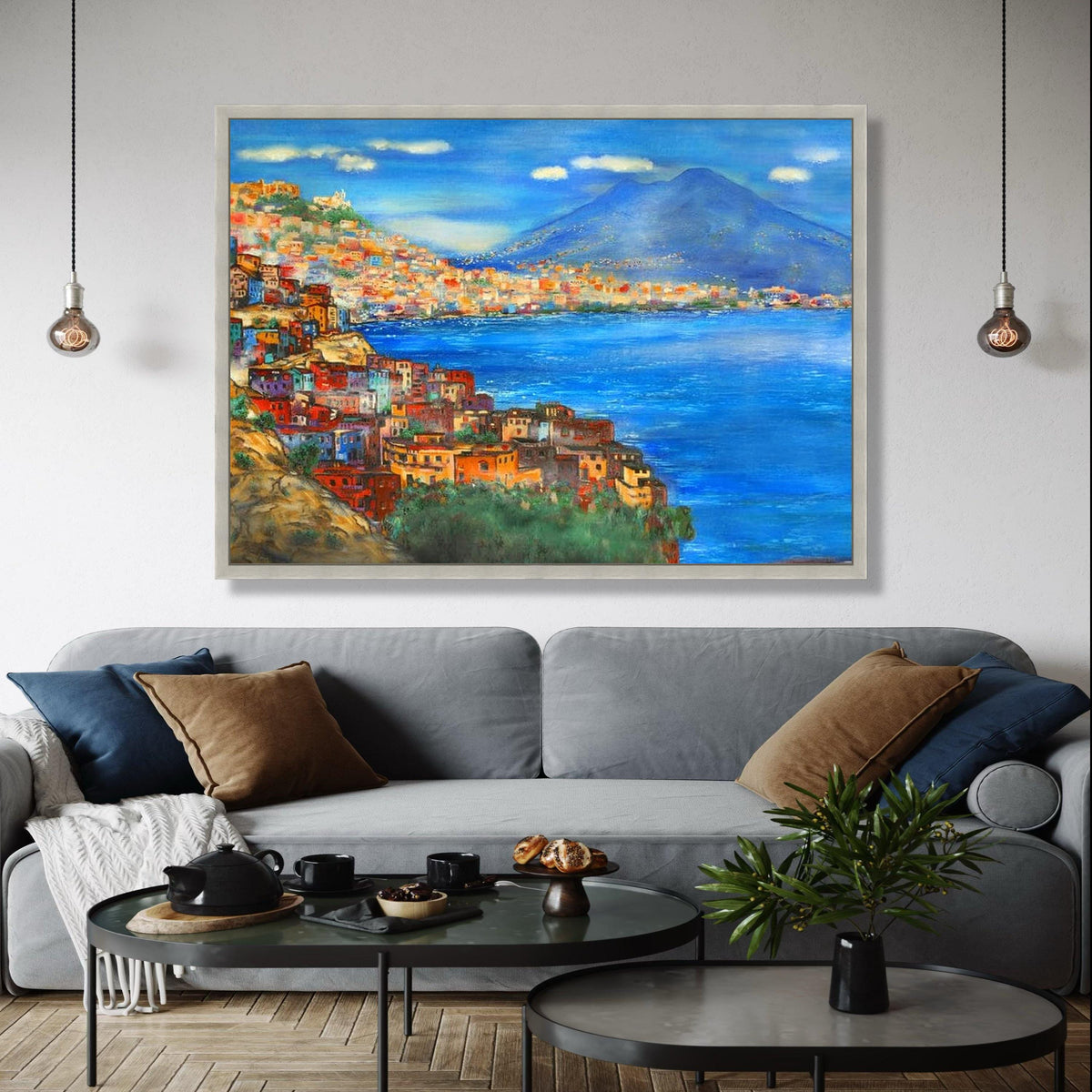 Mediterranean Coastal Town Canvas, Vibrant Seaside Landscape Wall Art, Colorful Italy Shoreline Painting, Blue Gift Art, Home Decor, Print