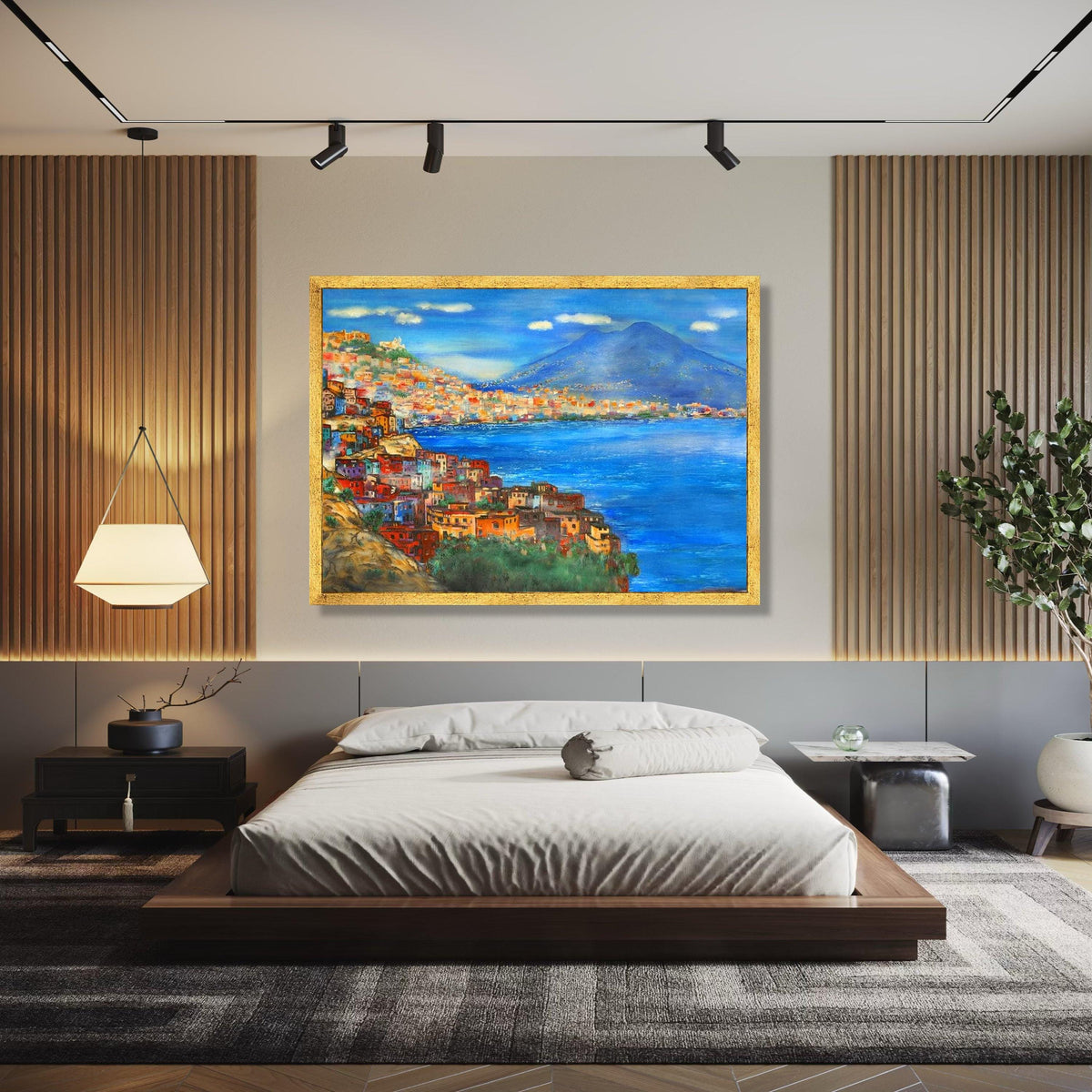 Mediterranean Coastal Town Canvas, Vibrant Seaside Landscape Wall Art, Colorful Italy Shoreline Painting, Blue Gift Art, Home Decor, Print
