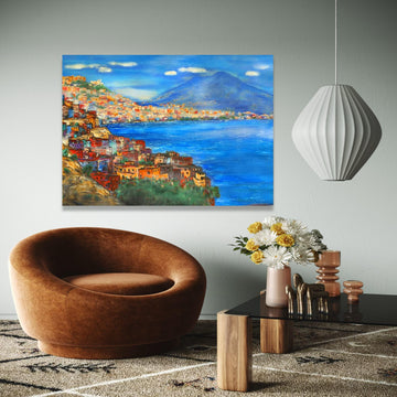 Mediterranean Coastal Town Canvas, Vibrant Seaside Landscape Wall Art, Colorful Italy Shoreline Painting, Blue Gift Art, Home Decor, Print