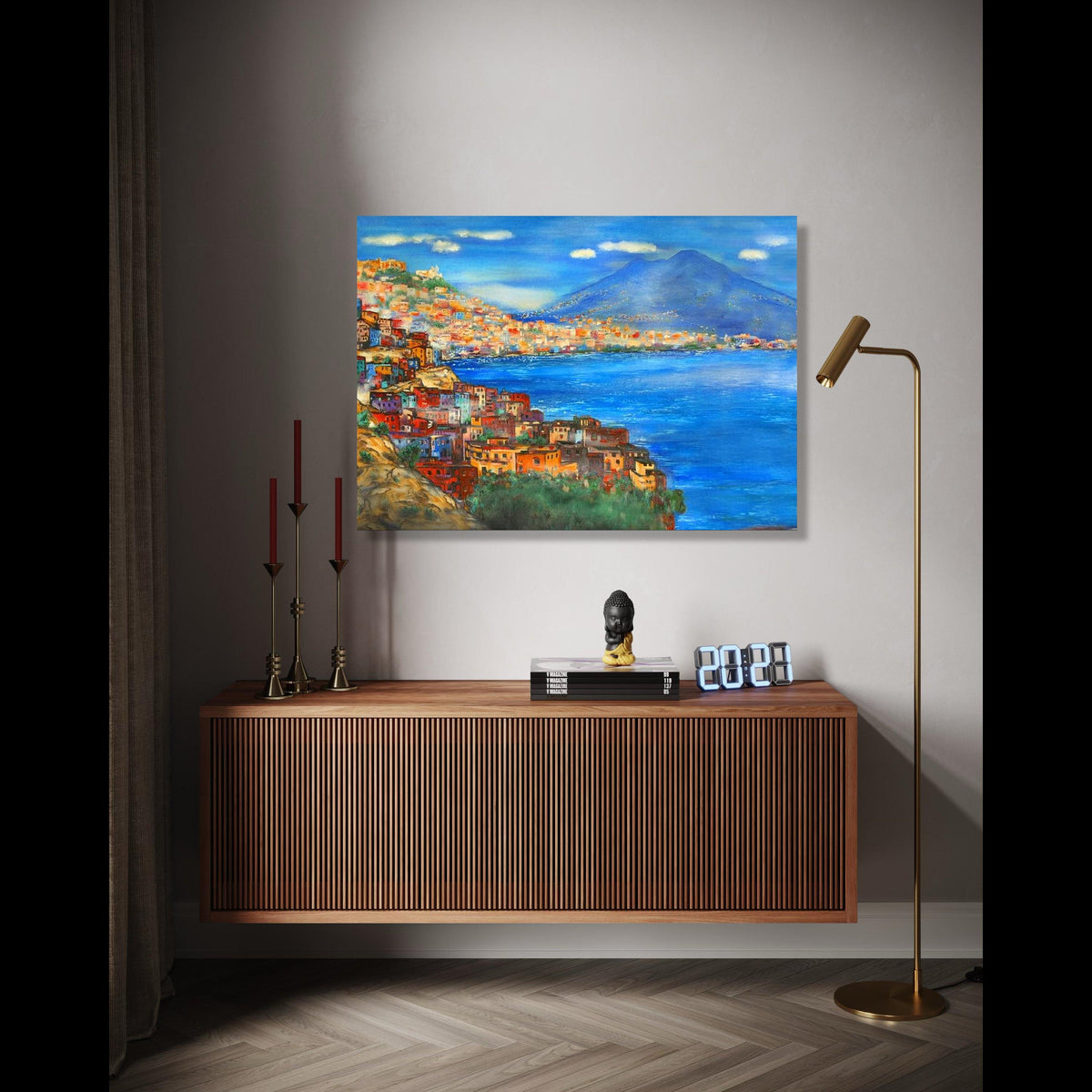 Mediterranean Coastal Town Canvas, Vibrant Seaside Landscape Wall Art, Colorful Italy Shoreline Painting, Blue Gift Art, Home Decor, Print