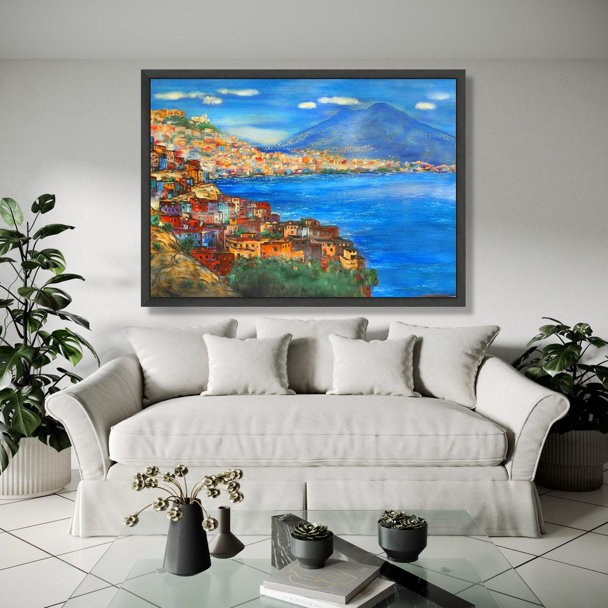 Mediterranean Coastal Town Canvas, Vibrant Seaside Landscape Wall Art, Colorful Italy Shoreline Painting, Blue Gift Art, Home Decor, Print