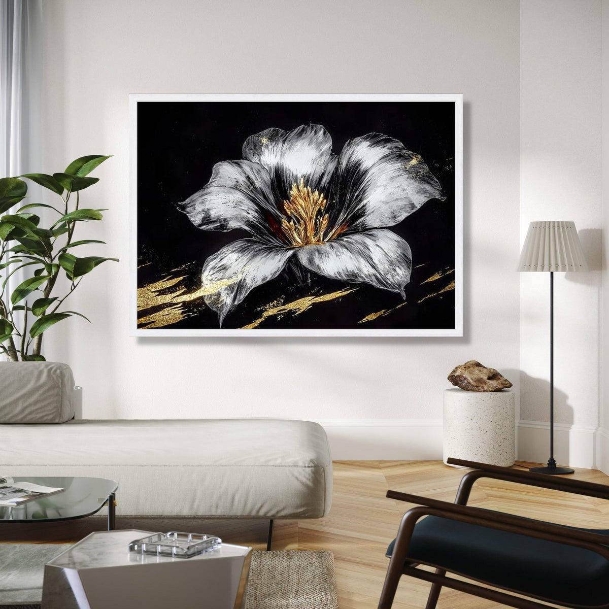 Elegant Silver and Gold Flower Canvas, Modern Floral Wall Art, Metallic Botanical Painting, Luxe Home Decor, Gift Art, Home Decor, Print