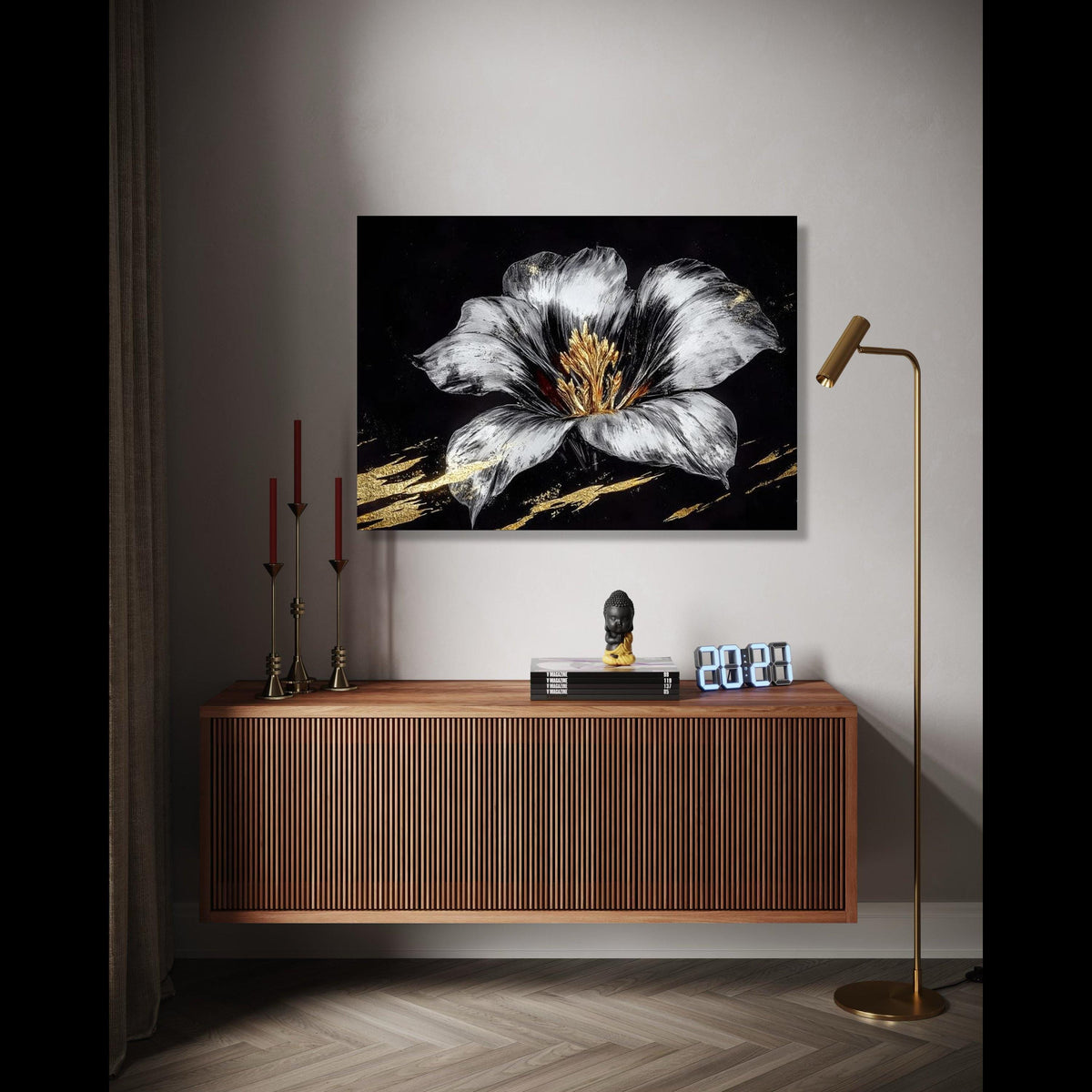 Elegant Silver and Gold Flower Canvas, Modern Floral Wall Art, Metallic Botanical Painting, Luxe Home Decor, Gift Art, Home Decor, Print