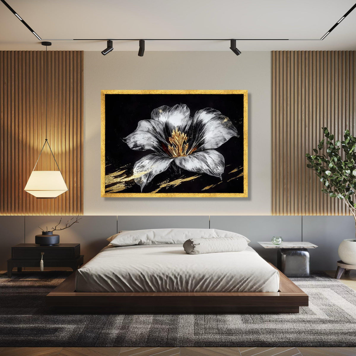 Elegant Silver and Gold Flower Canvas, Modern Floral Wall Art, Metallic Botanical Painting, Luxe Home Decor, Gift Art, Home Decor, Print