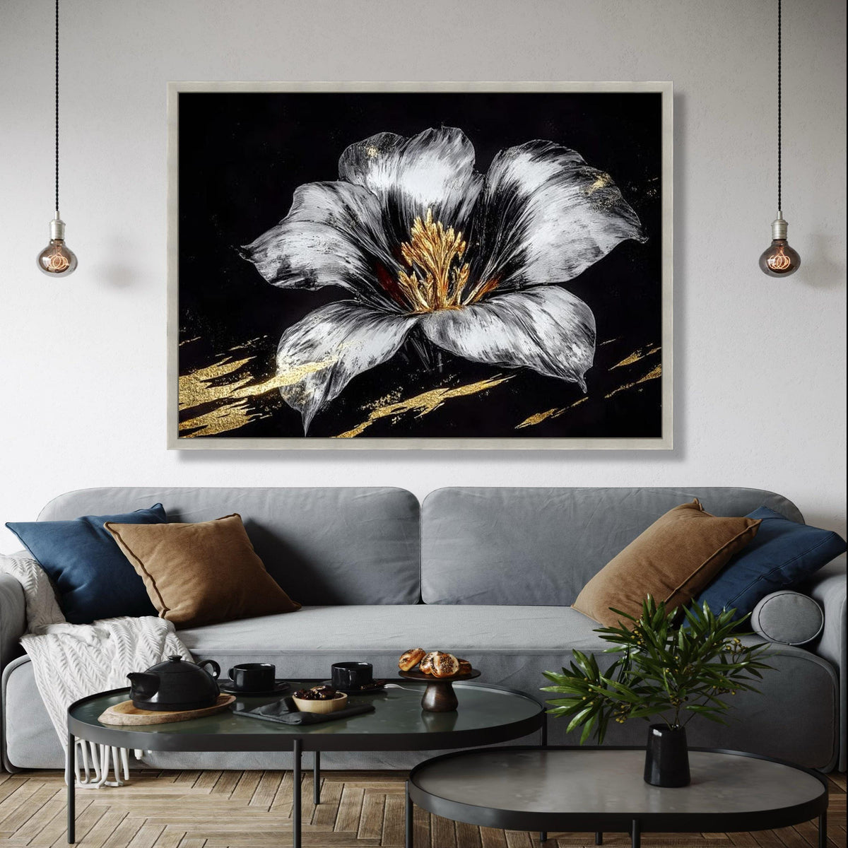 Elegant Silver and Gold Flower Canvas, Modern Floral Wall Art, Metallic Botanical Painting, Luxe Home Decor, Gift Art, Home Decor, Print