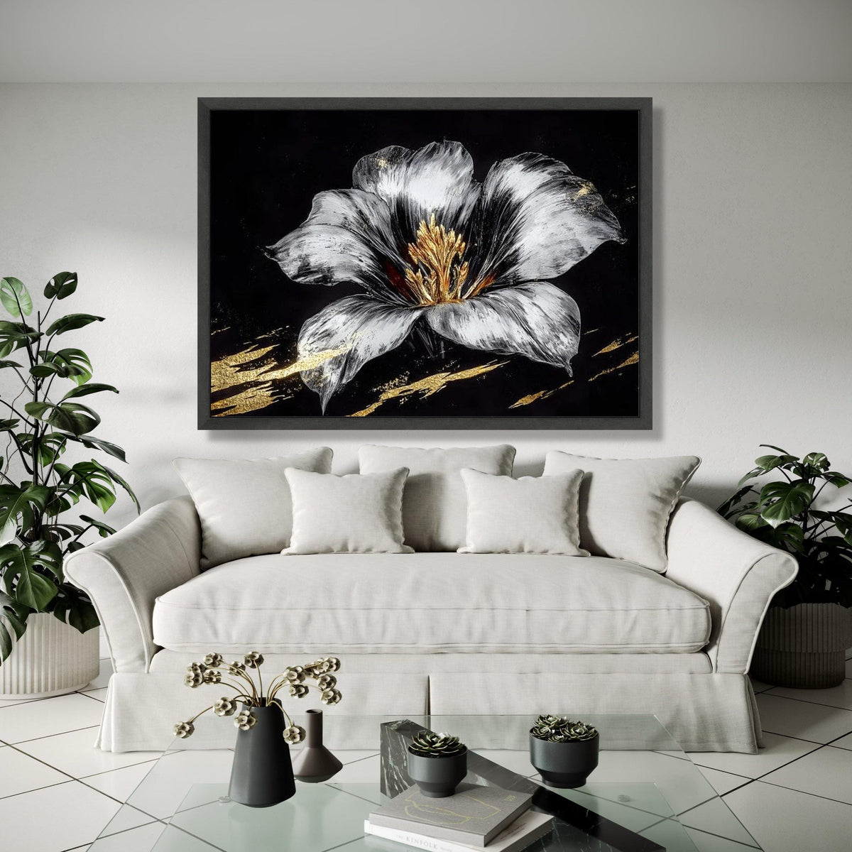 Elegant Silver and Gold Flower Canvas, Modern Floral Wall Art, Metallic Botanical Painting, Luxe Home Decor, Gift Art, Home Decor, Print