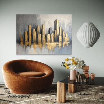 Modern Cityscape Canvas Wall Art, Gold Abstract Skyline Painting, Urban Home Decor, Metallic Canvas, Gift Art, Home Decor, Print