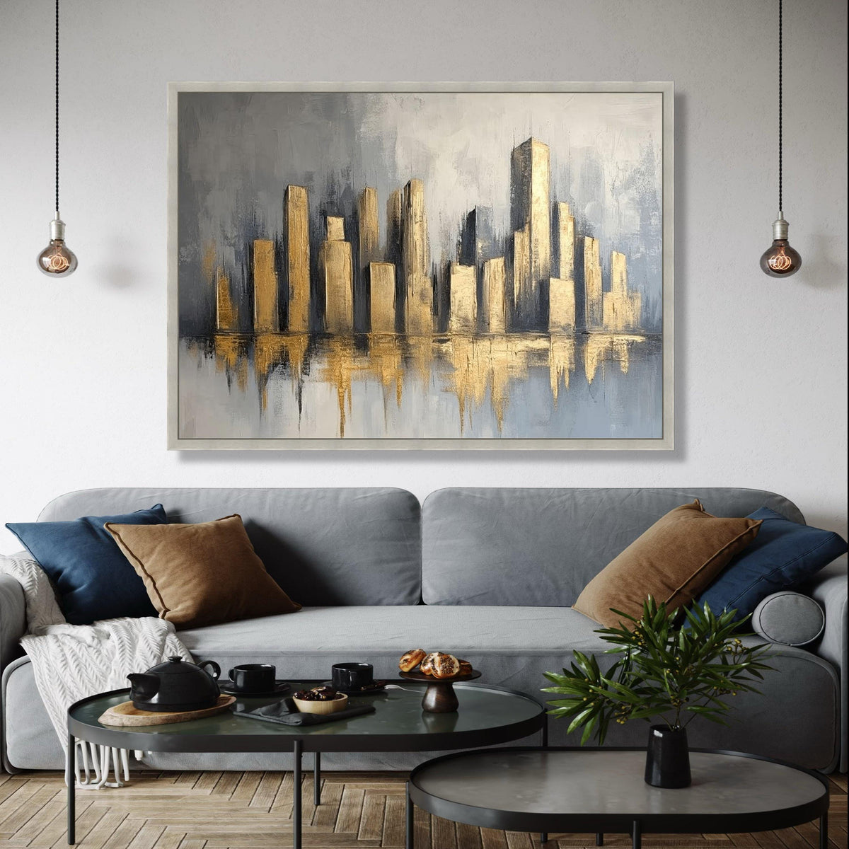 Modern Cityscape Canvas Wall Art, Gold Abstract Skyline Painting, Urban Home Decor, Metallic Canvas, Gift Art, Home Decor, Print
