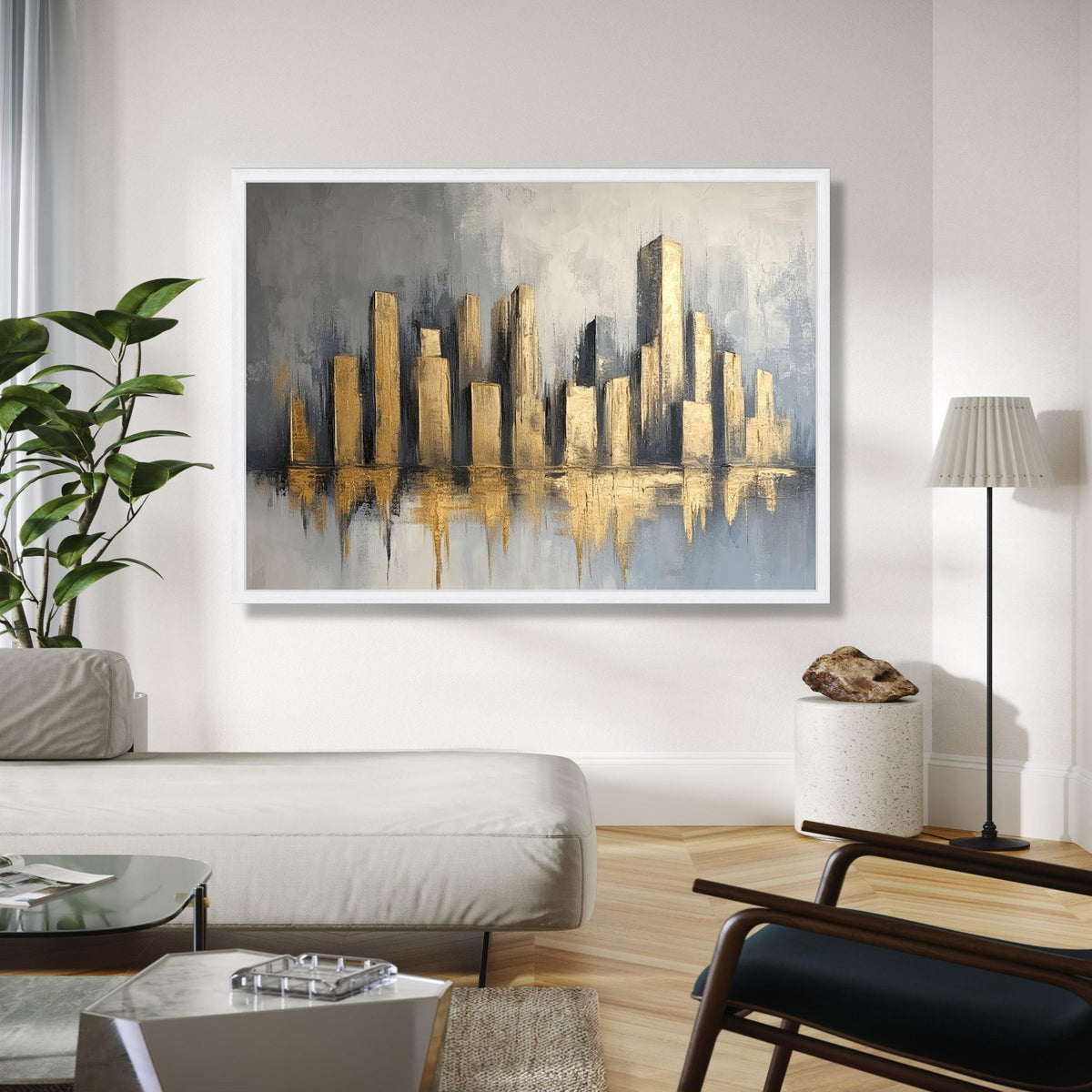 Modern Cityscape Canvas Wall Art, Gold Abstract Skyline Painting, Urban Home Decor, Metallic Canvas, Gift Art, Home Decor, Print