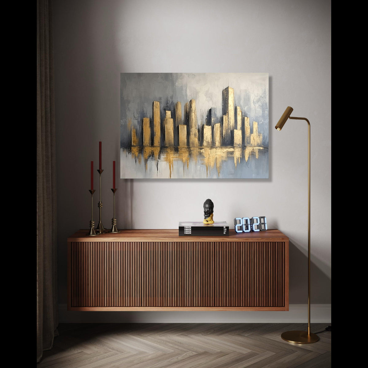 Modern Cityscape Canvas Wall Art, Gold Abstract Skyline Painting, Urban Home Decor, Metallic Canvas, Gift Art, Home Decor, Print