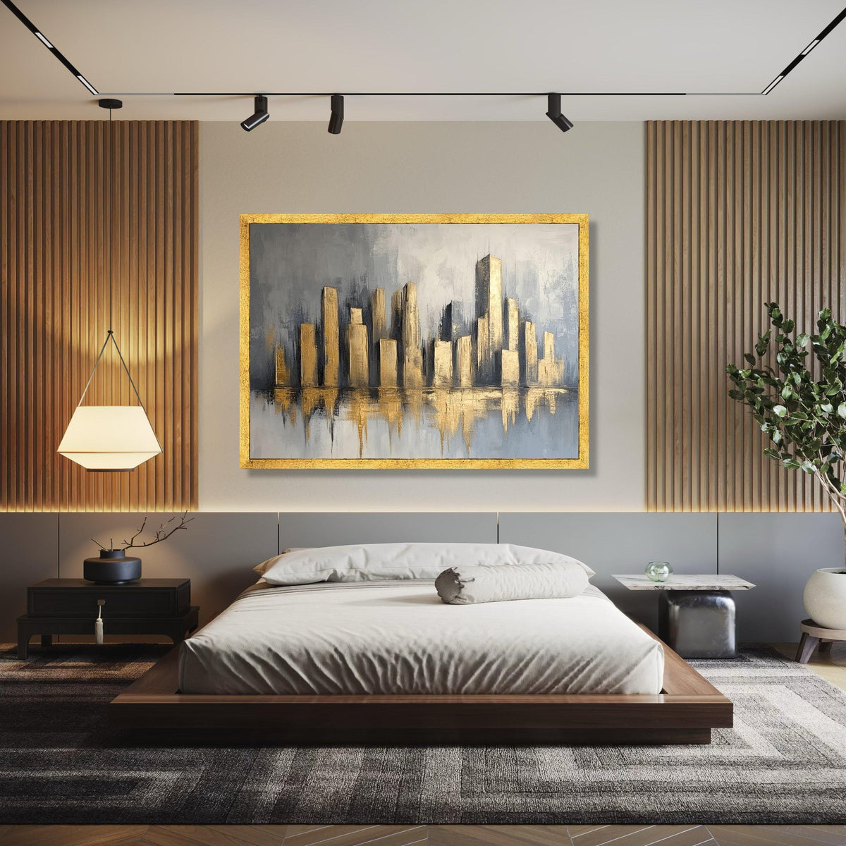 Modern Cityscape Canvas Wall Art, Gold Abstract Skyline Painting, Urban Home Decor, Metallic Canvas, Gift Art, Home Decor, Print