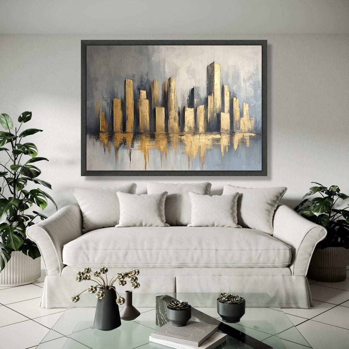 Modern Cityscape Canvas Wall Art, Gold Abstract Skyline Painting, Urban Home Decor, Metallic Canvas, Gift Art, Home Decor, Print