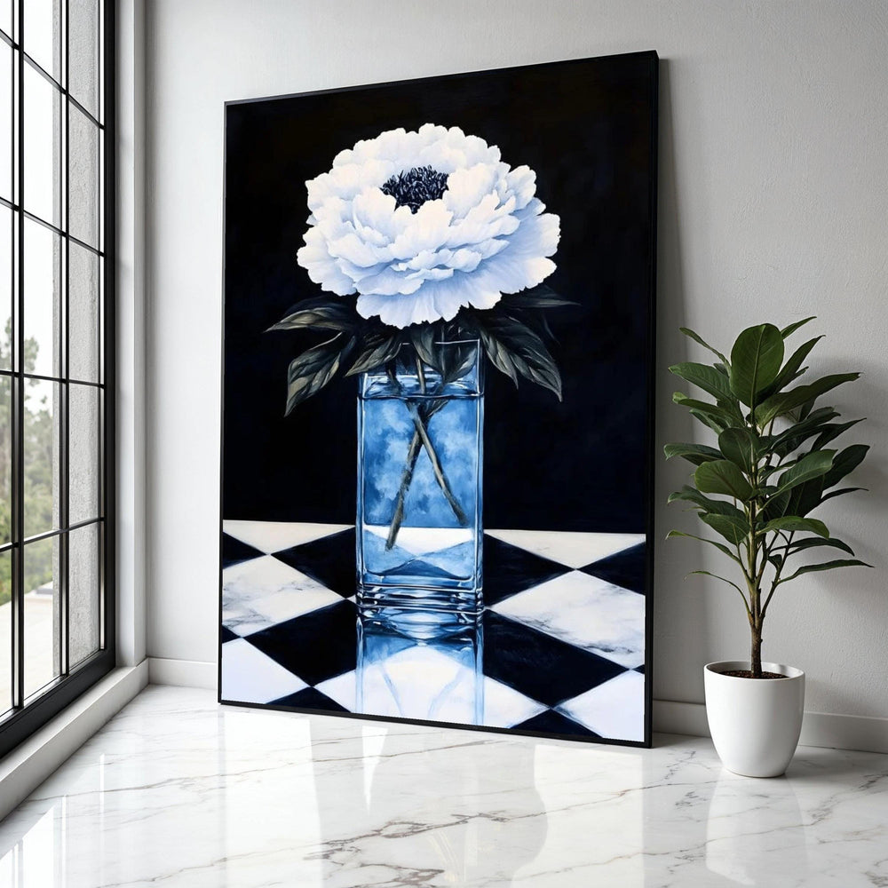 Elegant White Peony Flower Canvas, Glass Vase Still Life, Black and White Floral Wall Art, Home Decoration Gift Art, Home Decor, Print