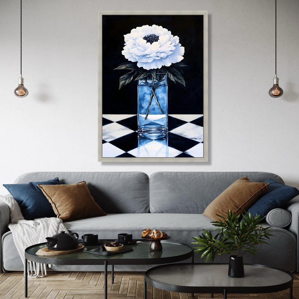 Elegant White Peony Flower Canvas, Glass Vase Still Life, Black and White Floral Wall Art, Home Decoration Gift Art, Home Decor, Print