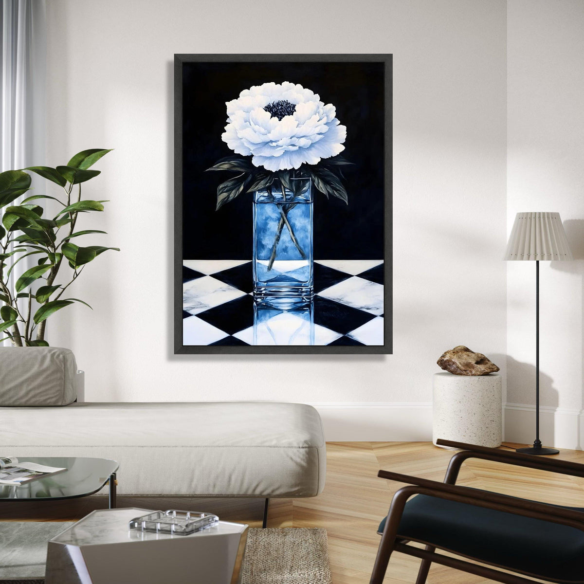 Elegant White Peony Flower Canvas, Glass Vase Still Life, Black and White Floral Wall Art, Home Decoration Gift Art, Home Decor, Print