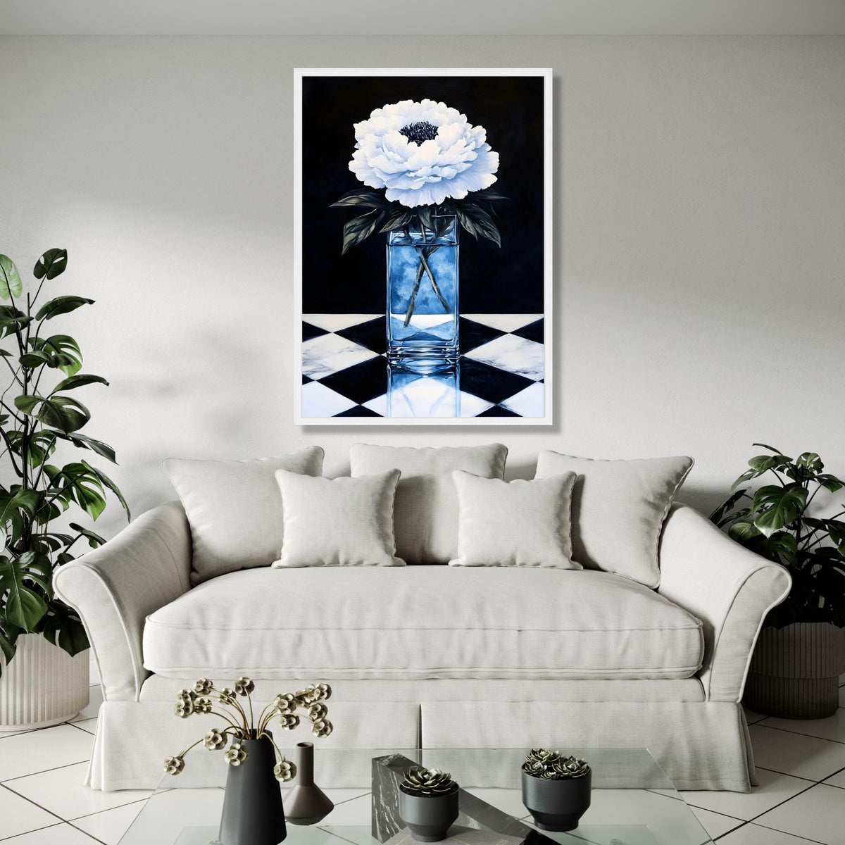 Elegant White Peony Flower Canvas, Glass Vase Still Life, Black and White Floral Wall Art, Home Decoration Gift Art, Home Decor, Print