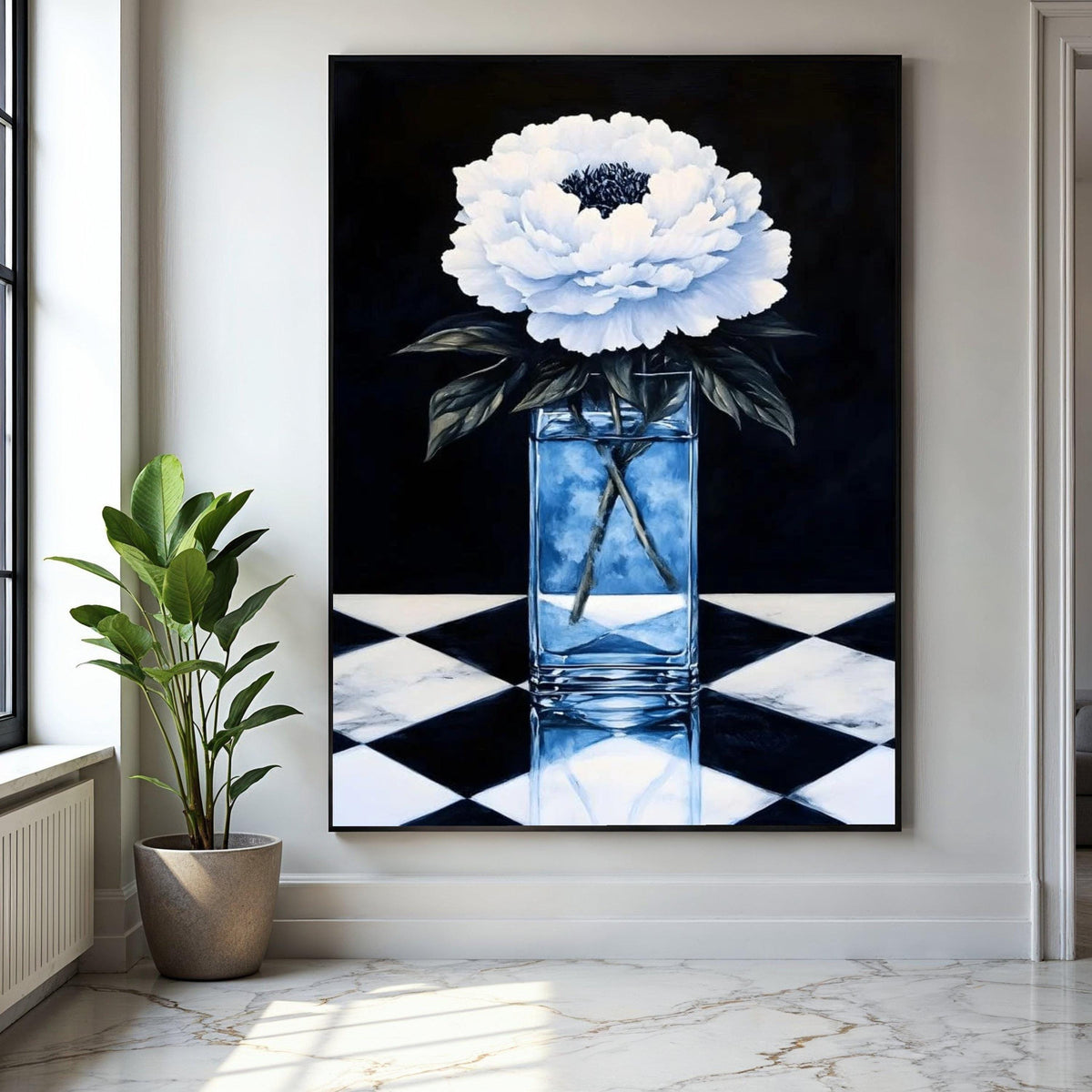 Elegant White Peony Flower Canvas, Glass Vase Still Life, Black and White Floral Wall Art, Home Decoration Gift Art, Home Decor, Print