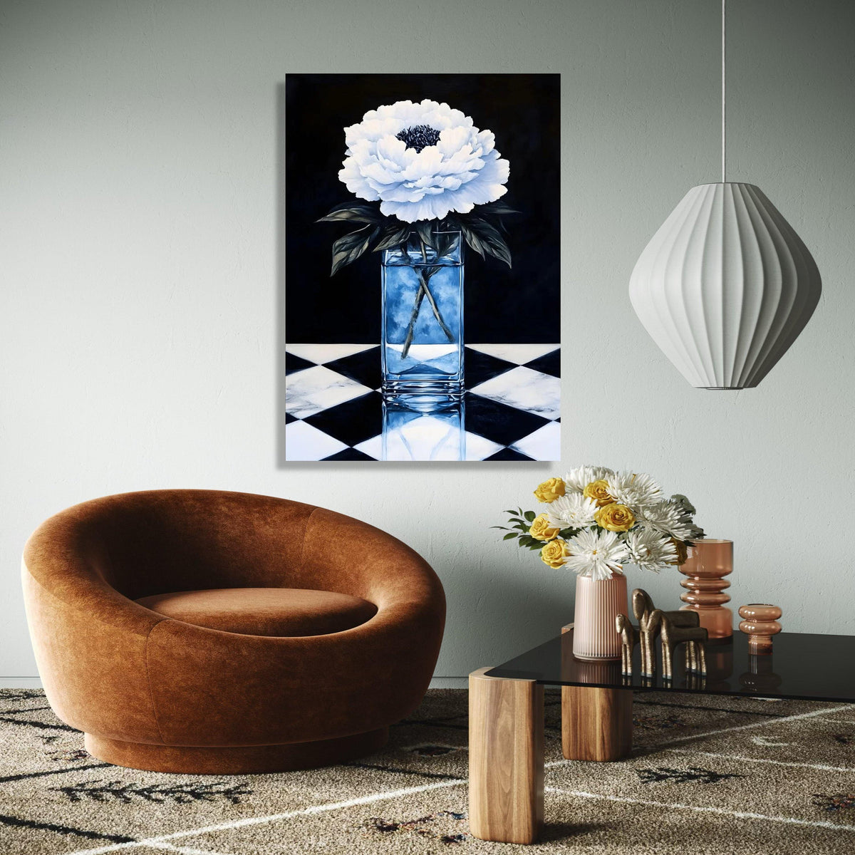 Elegant White Peony Flower Canvas, Glass Vase Still Life, Black and White Floral Wall Art, Home Decoration Gift Art, Home Decor, Print