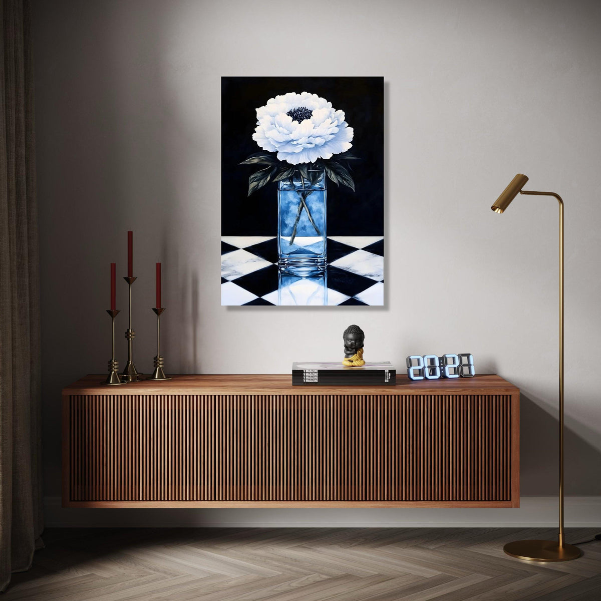 Elegant White Peony Flower Canvas, Glass Vase Still Life, Black and White Floral Wall Art, Home Decoration Gift Art, Home Decor, Print