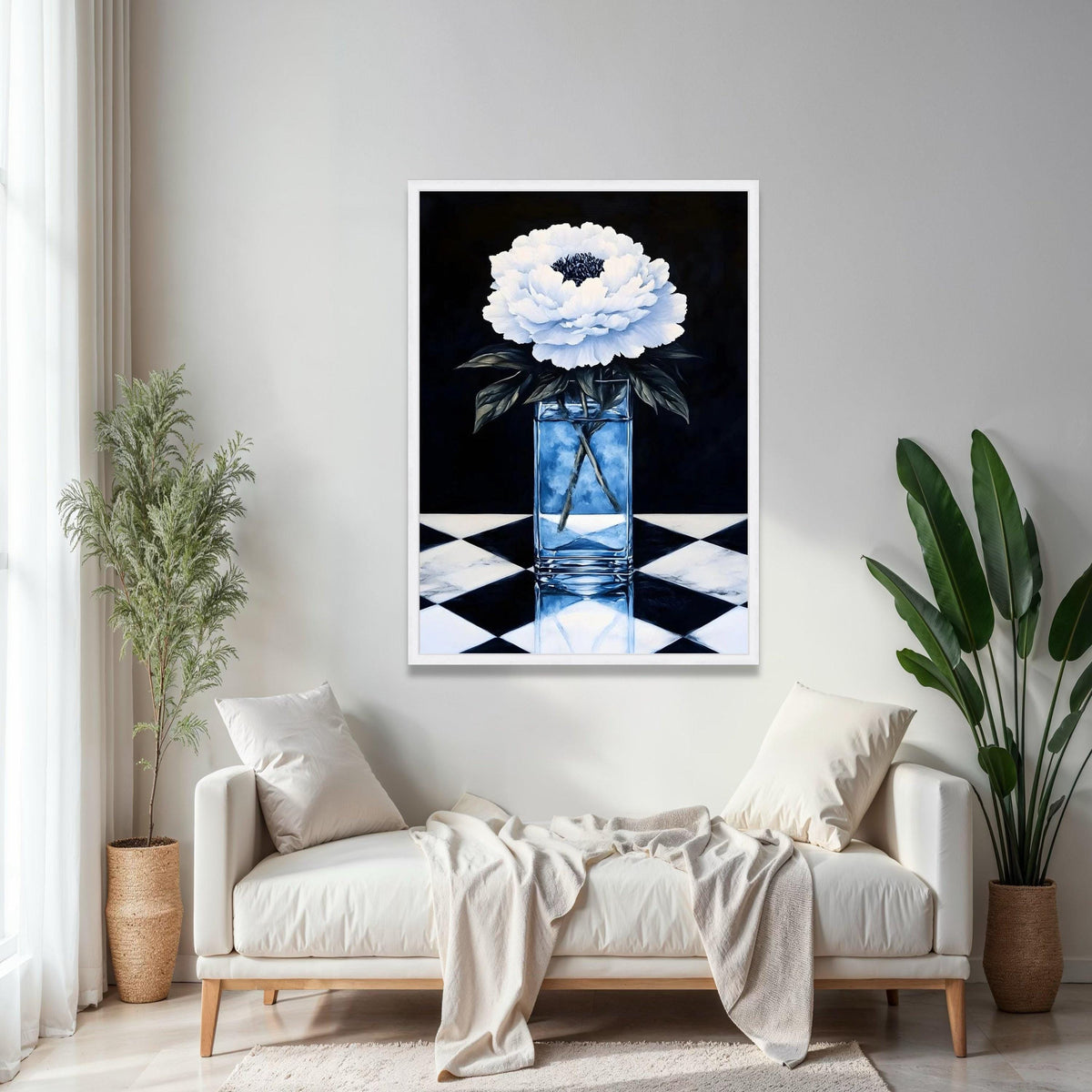 Elegant White Peony Flower Canvas, Glass Vase Still Life, Black and White Floral Wall Art, Home Decoration Gift Art, Home Decor, Print
