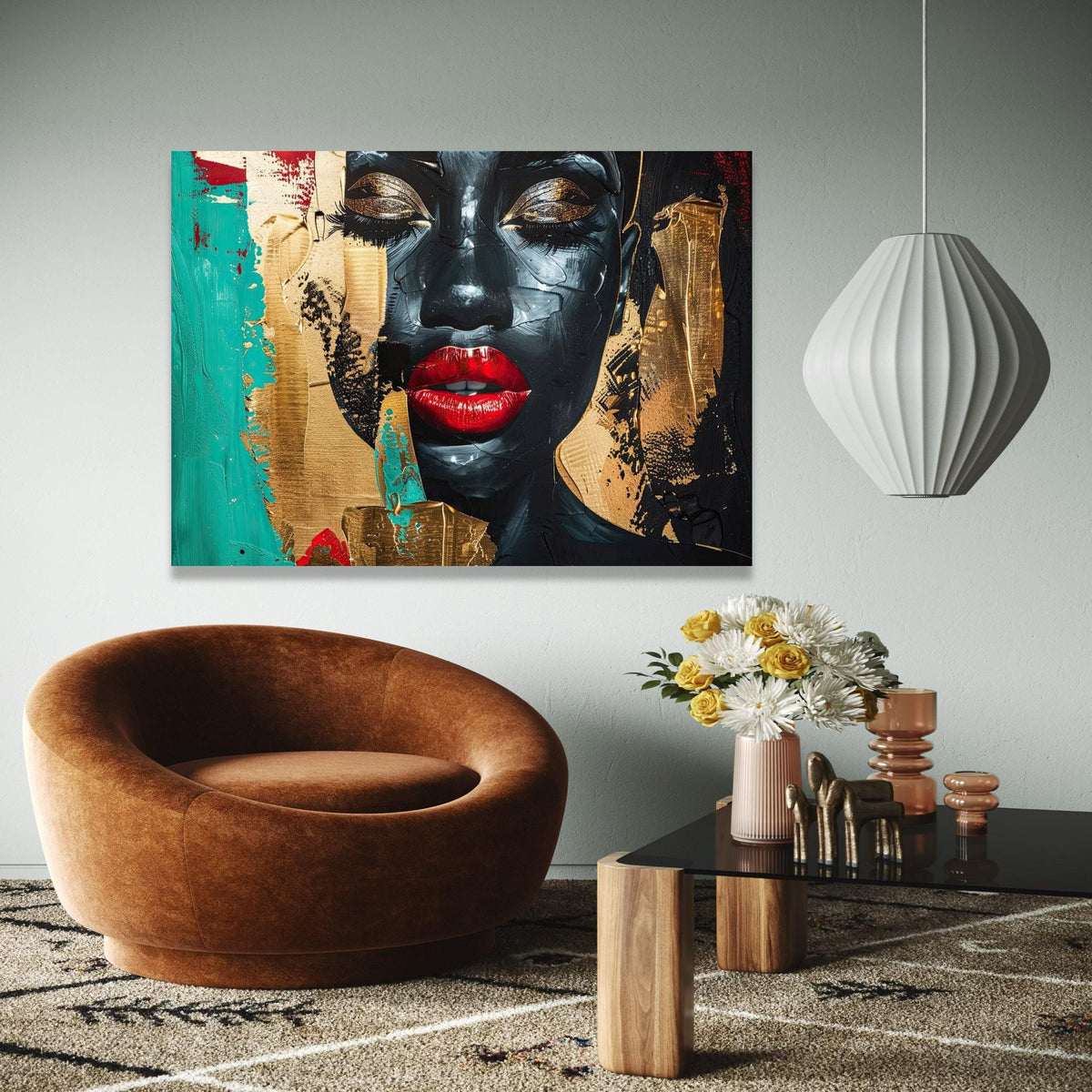 Abstract Black Woman Portrait Canvas, Modern Face Art Wall Decor, Bold Red Lips Painting, Gold and Teal Accent Gift Art, Home Decor, Print