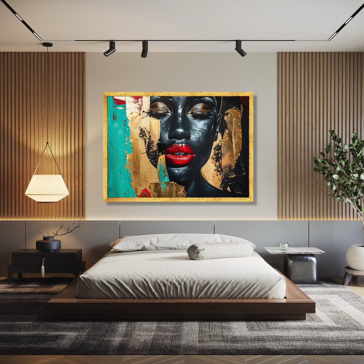 Abstract Black Woman Portrait Canvas, Modern Face Art Wall Decor, Bold Red Lips Painting, Gold and Teal Accent Gift Art, Home Decor, Print