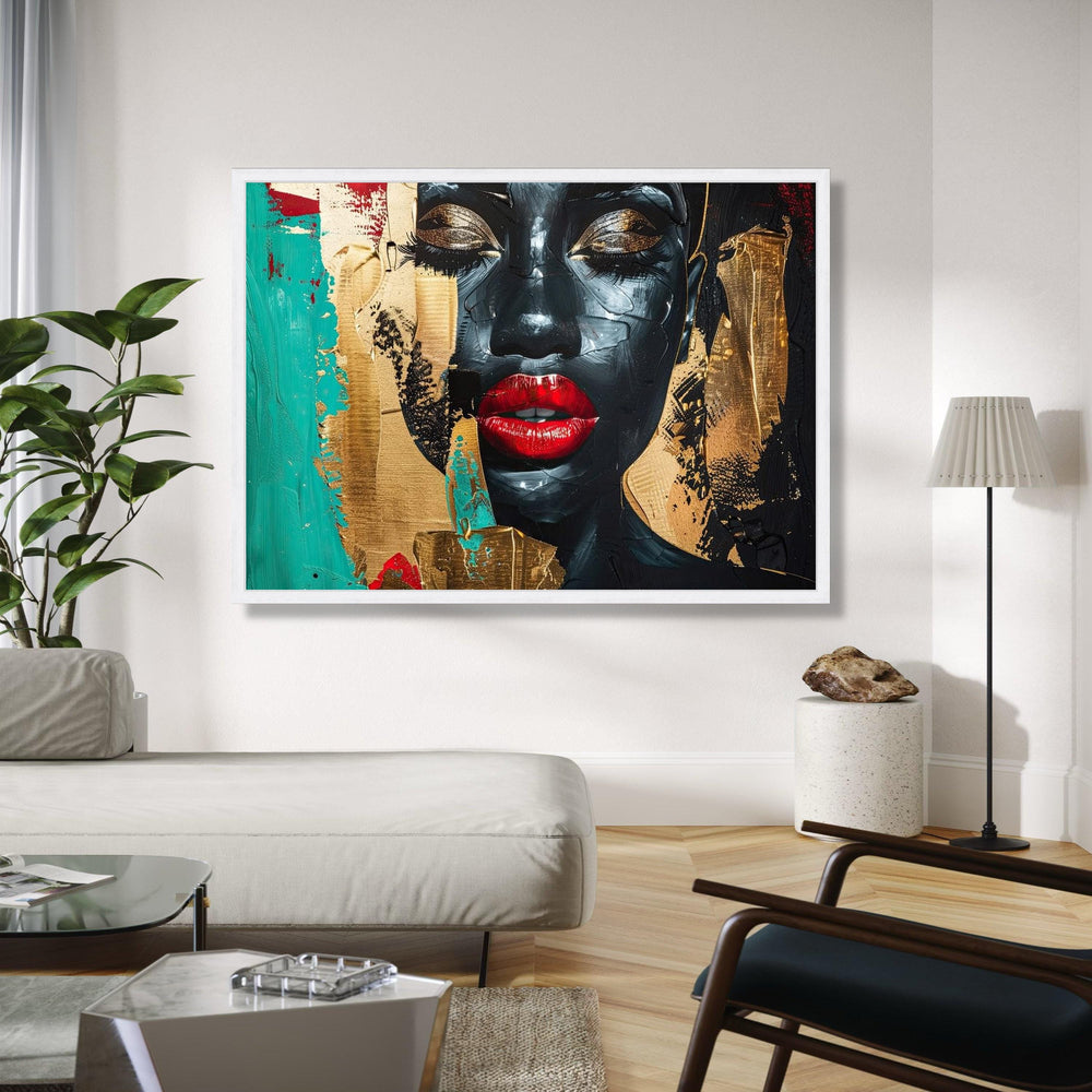 Abstract Black Woman Portrait Canvas, Modern Face Art Wall Decor, Bold Red Lips Painting, Gold and Teal Accent Gift Art, Home Decor, Print