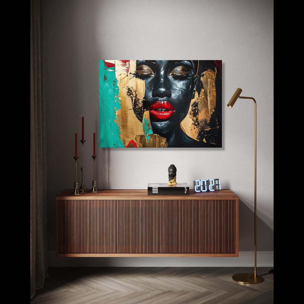 Abstract Black Woman Portrait Canvas, Modern Face Art Wall Decor, Bold Red Lips Painting, Gold and Teal Accent Gift Art, Home Decor, Print