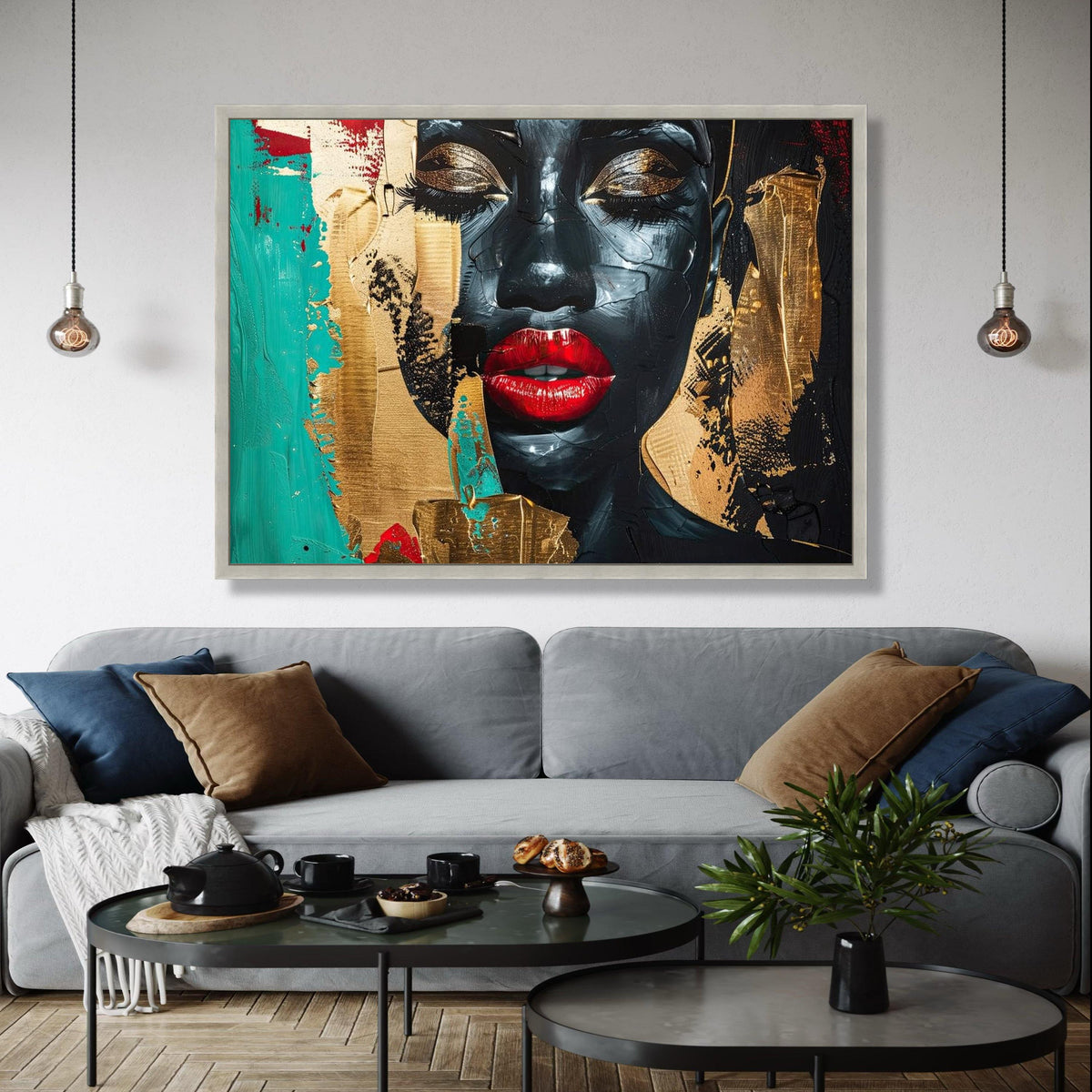Abstract Black Woman Portrait Canvas, Modern Face Art Wall Decor, Bold Red Lips Painting, Gold and Teal Accent Gift Art, Home Decor, Print