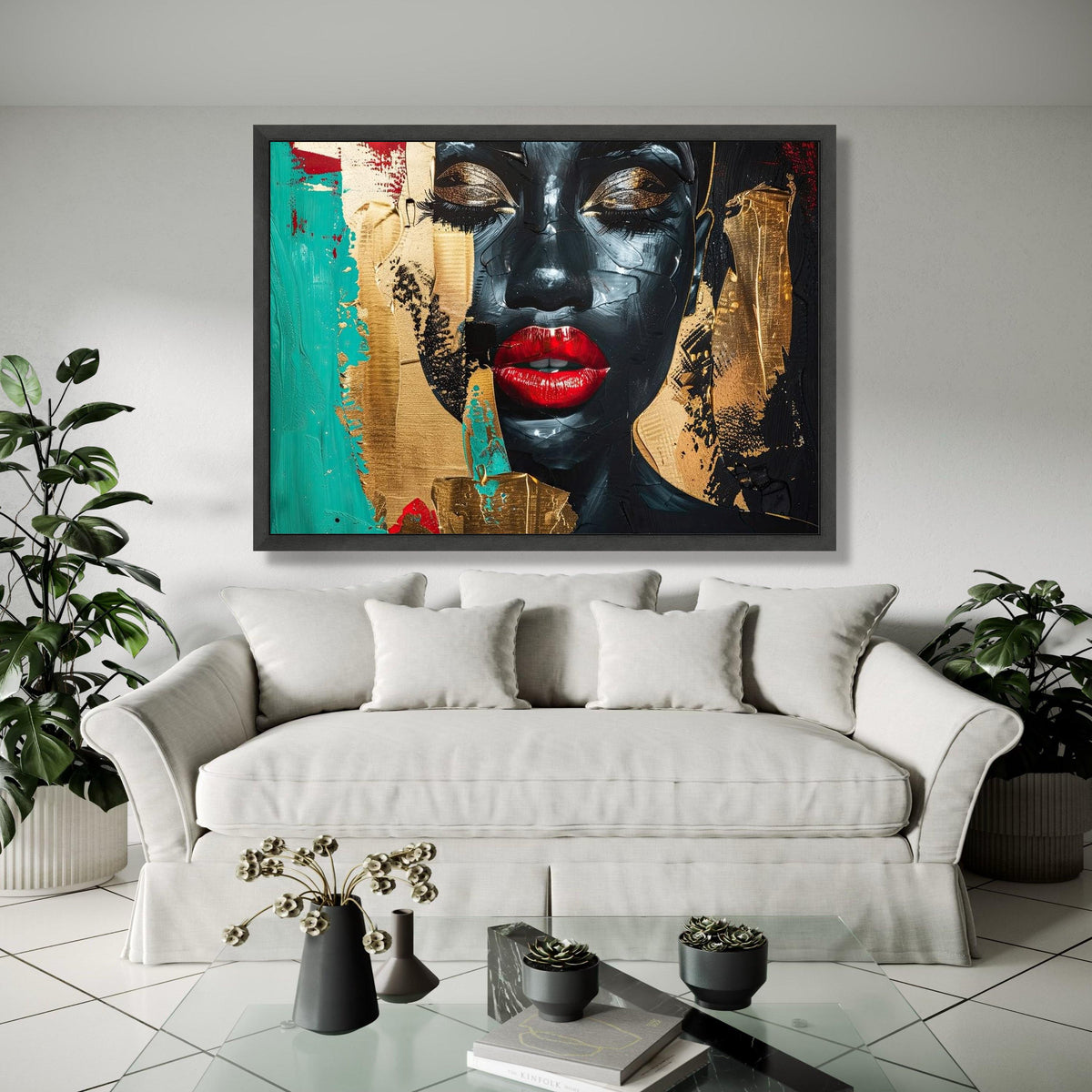 Abstract Black Woman Portrait Canvas, Modern Face Art Wall Decor, Bold Red Lips Painting, Gold and Teal Accent Gift Art, Home Decor, Print
