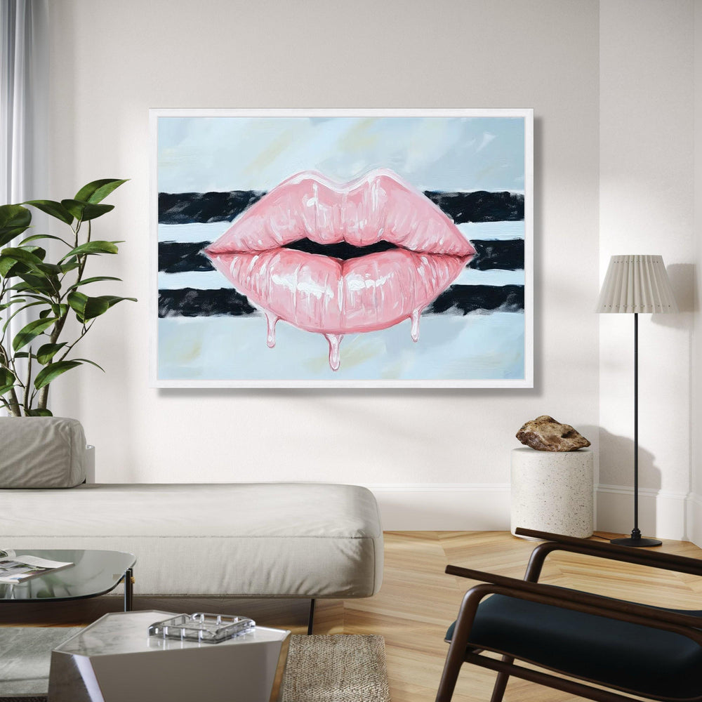 Glossy Pink Lips Canvas Wall Art, Dripping Lip Design, Modern Pop Art Painting, Bold Statement Wall Decor, Gift Art, Home Decor, Print