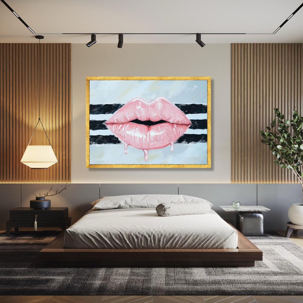 Glossy Pink Lips Canvas Wall Art, Dripping Lip Design, Modern Pop Art Painting, Bold Statement Wall Decor, Gift Art, Home Decor, Print
