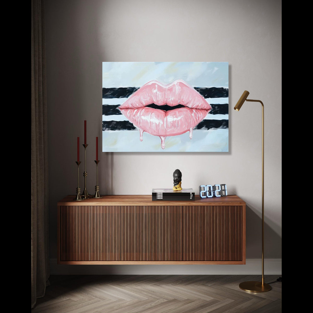 Glossy Pink Lips Canvas Wall Art, Dripping Lip Design, Modern Pop Art Painting, Bold Statement Wall Decor, Gift Art, Home Decor, Print