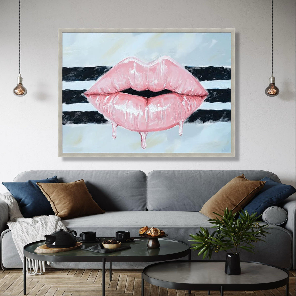 Glossy Pink Lips Canvas Wall Art, Dripping Lip Design, Modern Pop Art Painting, Bold Statement Wall Decor, Gift Art, Home Decor, Print