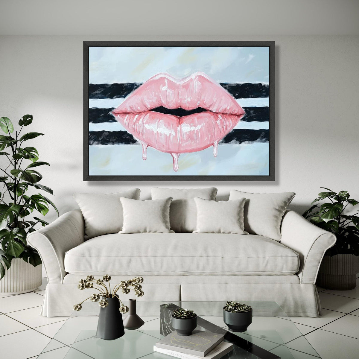 Glossy Pink Lips Canvas Wall Art, Dripping Lip Design, Modern Pop Art Painting, Bold Statement Wall Decor, Gift Art, Home Decor, Print
