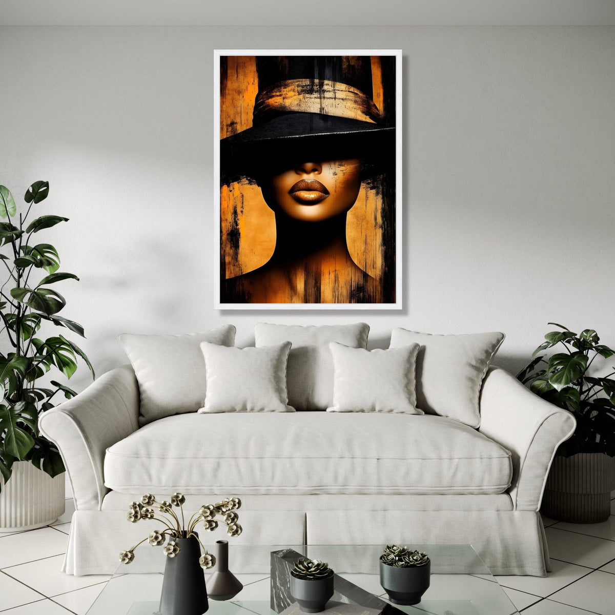 Mysterious Woman in Black Hat Canvas, Golden Lips Portrait Art, Modern Abstract Wall Decor, Glamour Face Canvas, Gift Art, Home Decor, Print