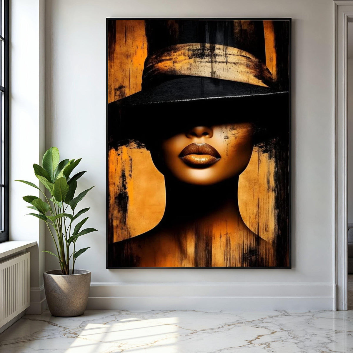 Mysterious Woman in Black Hat Canvas, Golden Lips Portrait Art, Modern Abstract Wall Decor, Glamour Face Canvas, Gift Art, Home Decor, Print