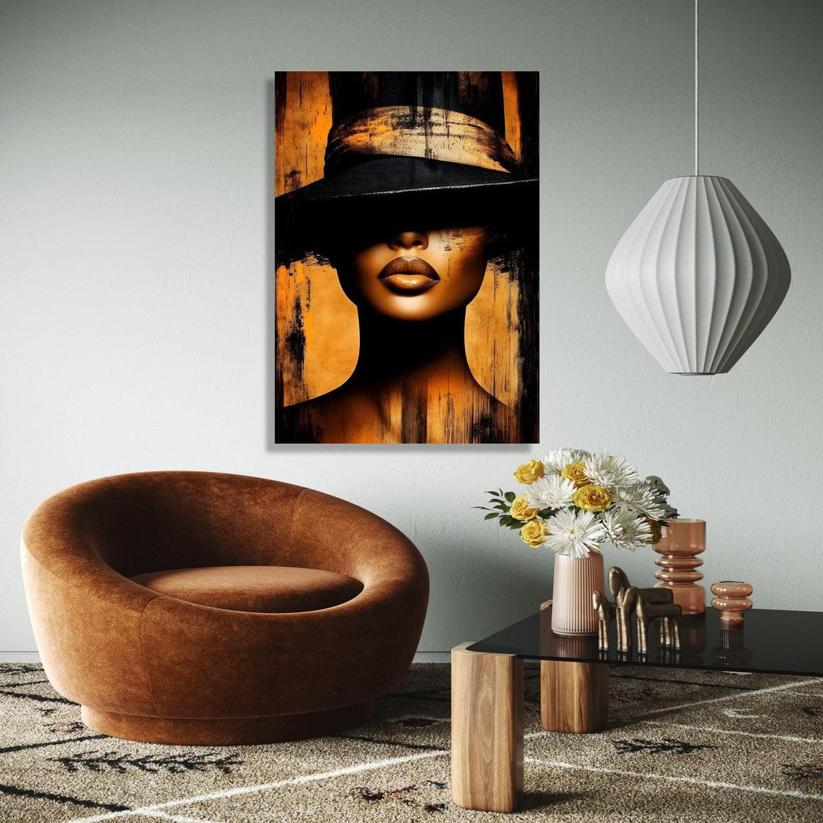 Mysterious Woman in Black Hat Canvas, Golden Lips Portrait Art, Modern Abstract Wall Decor, Glamour Face Canvas, Gift Art, Home Decor, Print