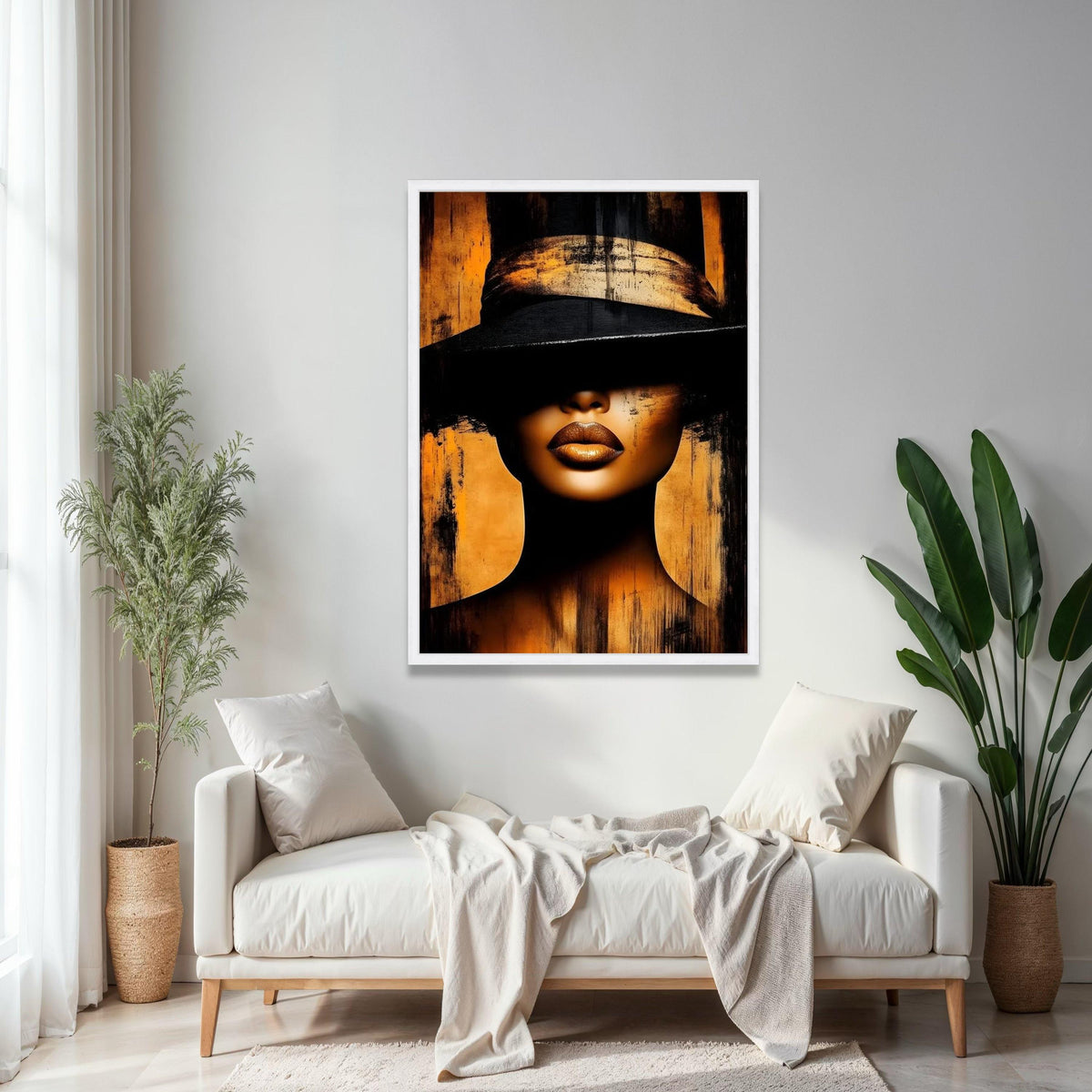 Mysterious Woman in Black Hat Canvas, Golden Lips Portrait Art, Modern Abstract Wall Decor, Glamour Face Canvas, Gift Art, Home Decor, Print
