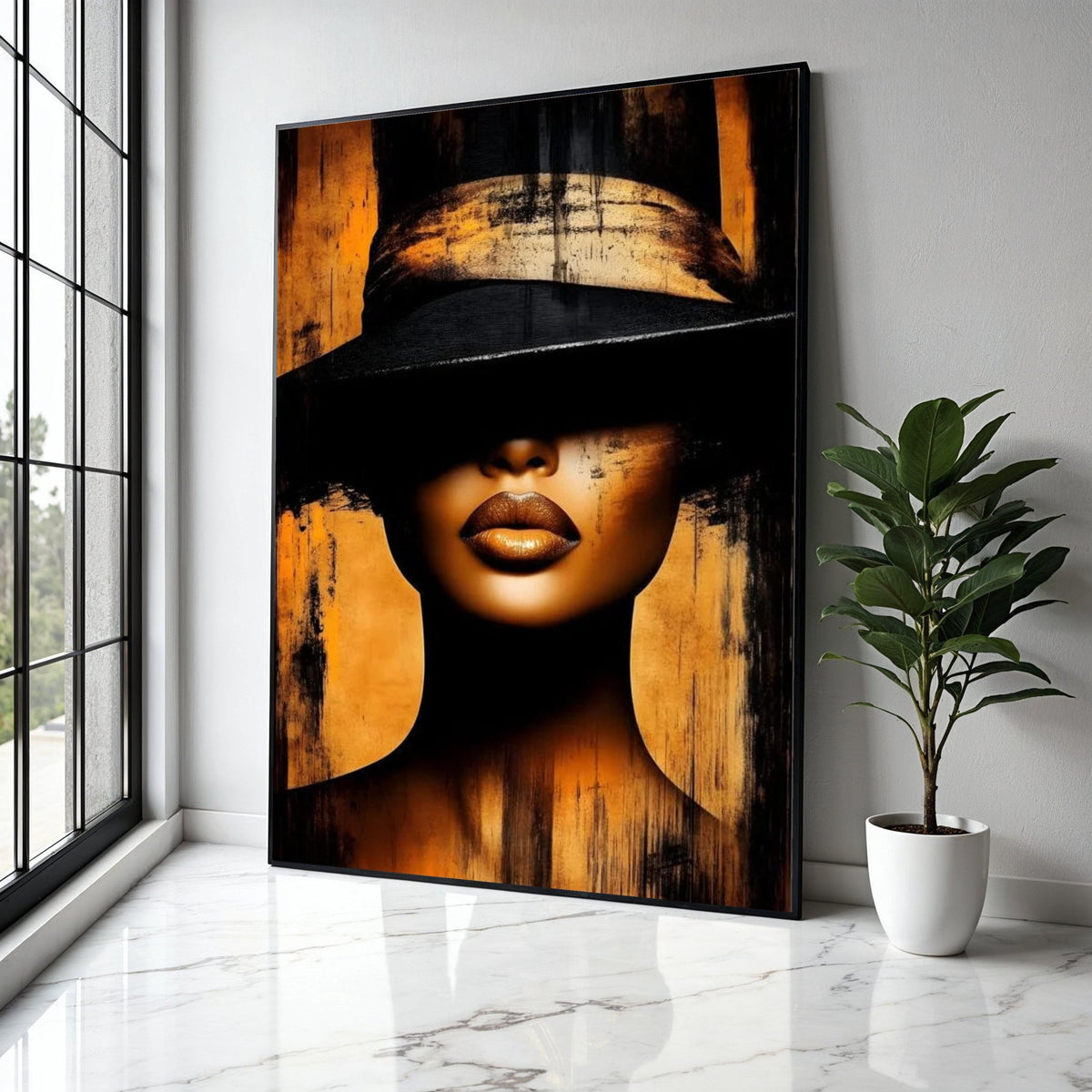 Mysterious Woman in Black Hat Canvas, Golden Lips Portrait Art, Modern Abstract Wall Decor, Glamour Face Canvas, Gift Art, Home Decor, Print