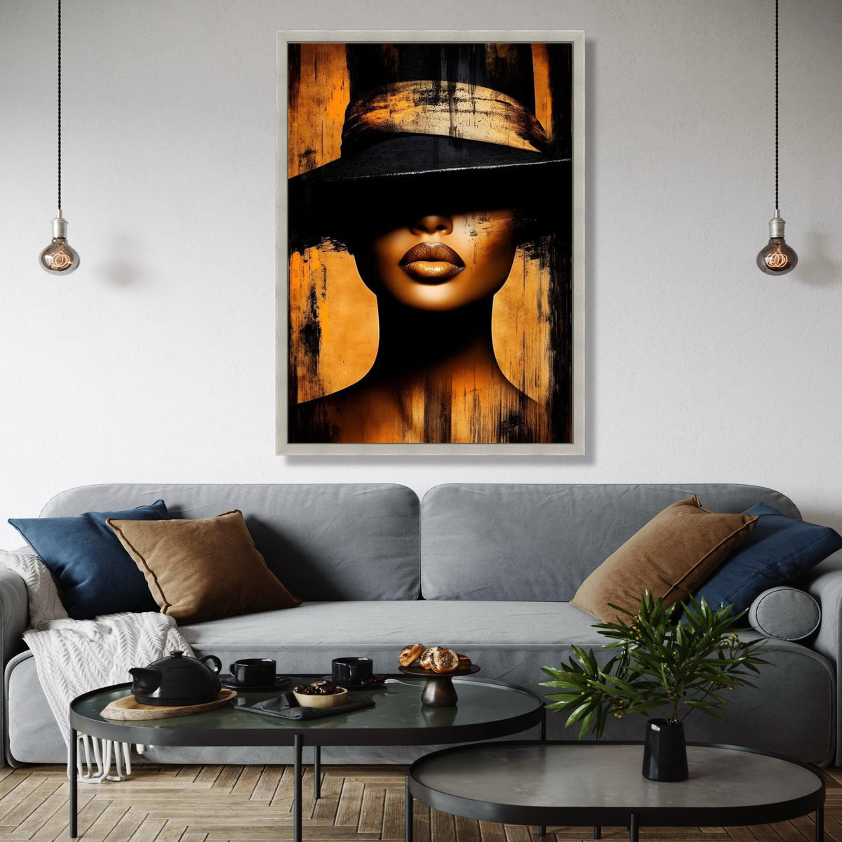 Mysterious Woman in Black Hat Canvas, Golden Lips Portrait Art, Modern Abstract Wall Decor, Glamour Face Canvas, Gift Art, Home Decor, Print