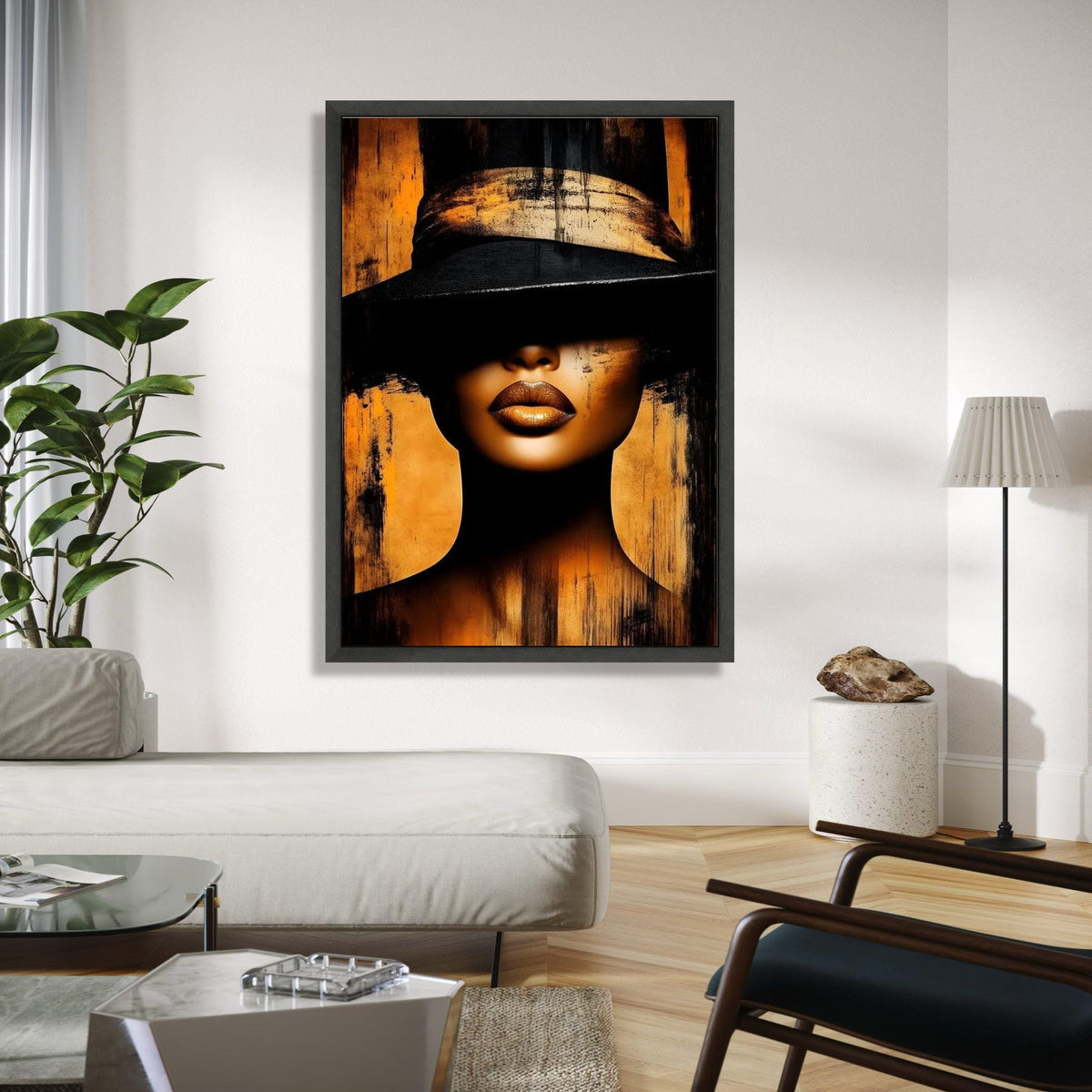 Mysterious Woman in Black Hat Canvas, Golden Lips Portrait Art, Modern Abstract Wall Decor, Glamour Face Canvas, Gift Art, Home Decor, Print
