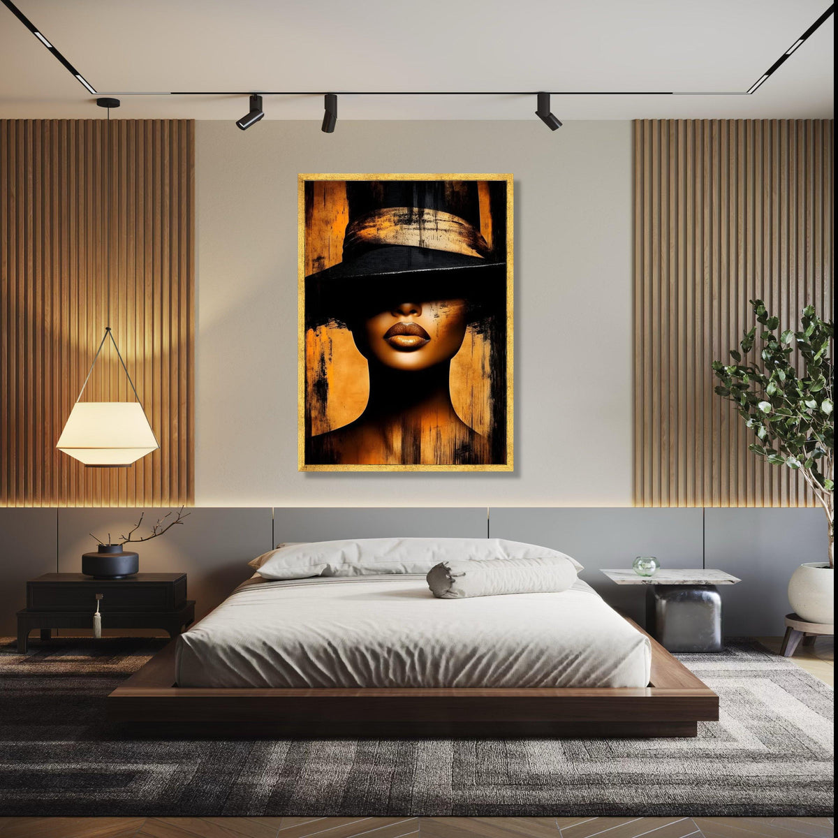 Mysterious Woman in Black Hat Canvas, Golden Lips Portrait Art, Modern Abstract Wall Decor, Glamour Face Canvas, Gift Art, Home Decor, Print