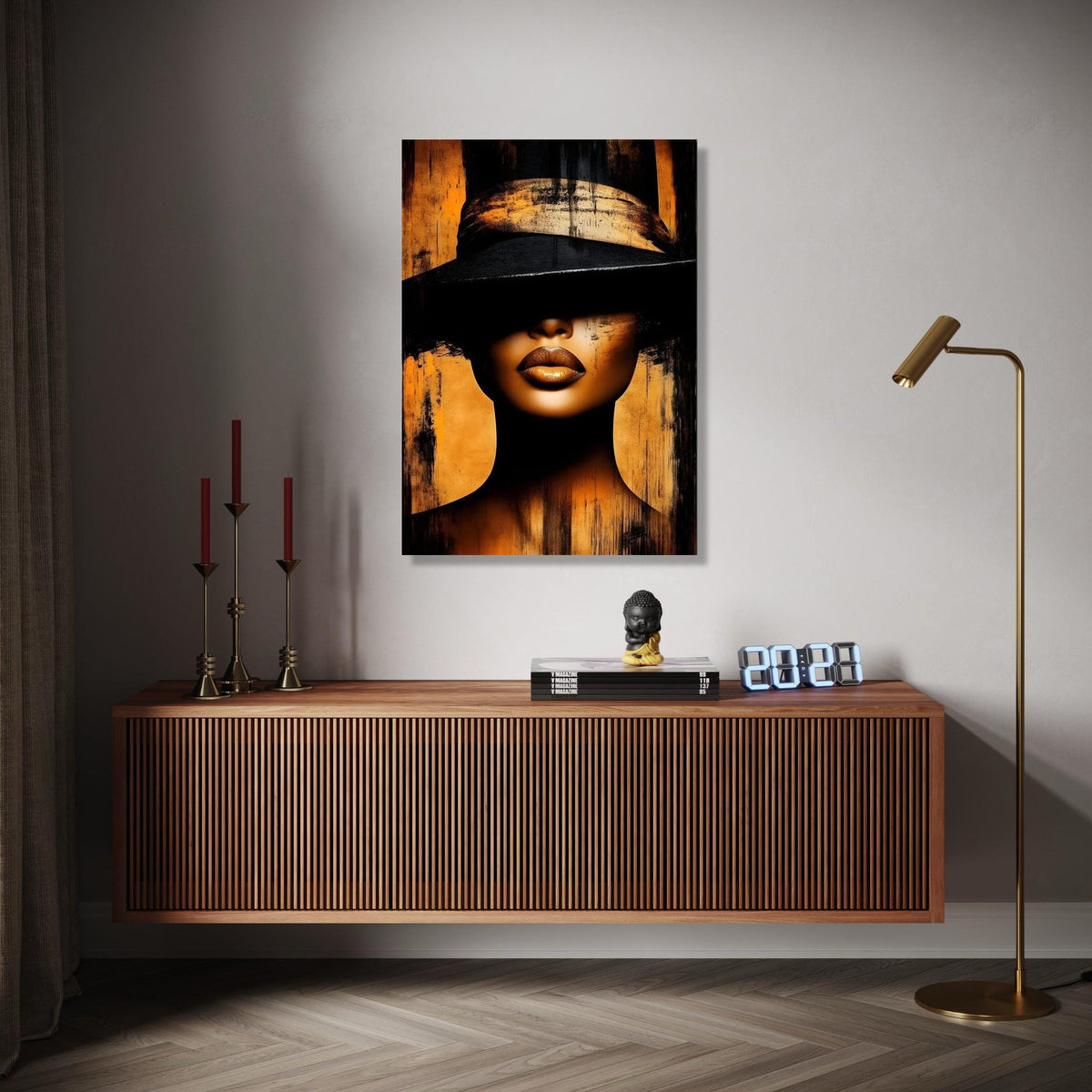 Mysterious Woman in Black Hat Canvas, Golden Lips Portrait Art, Modern Abstract Wall Decor, Glamour Face Canvas, Gift Art, Home Decor, Print