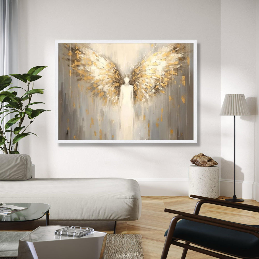 Ethereal angel wings canvas, abstract angel wall art, golden feathers painting, spiritual home decor, modern Gift Art, Home Decor, Print