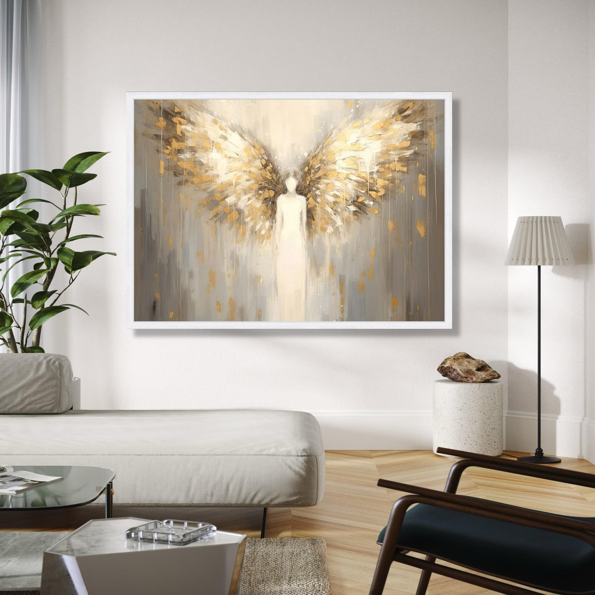 Ethereal angel wings canvas, abstract angel wall art, golden feathers painting, spiritual home decor, modern Gift Art, Home Decor, Print