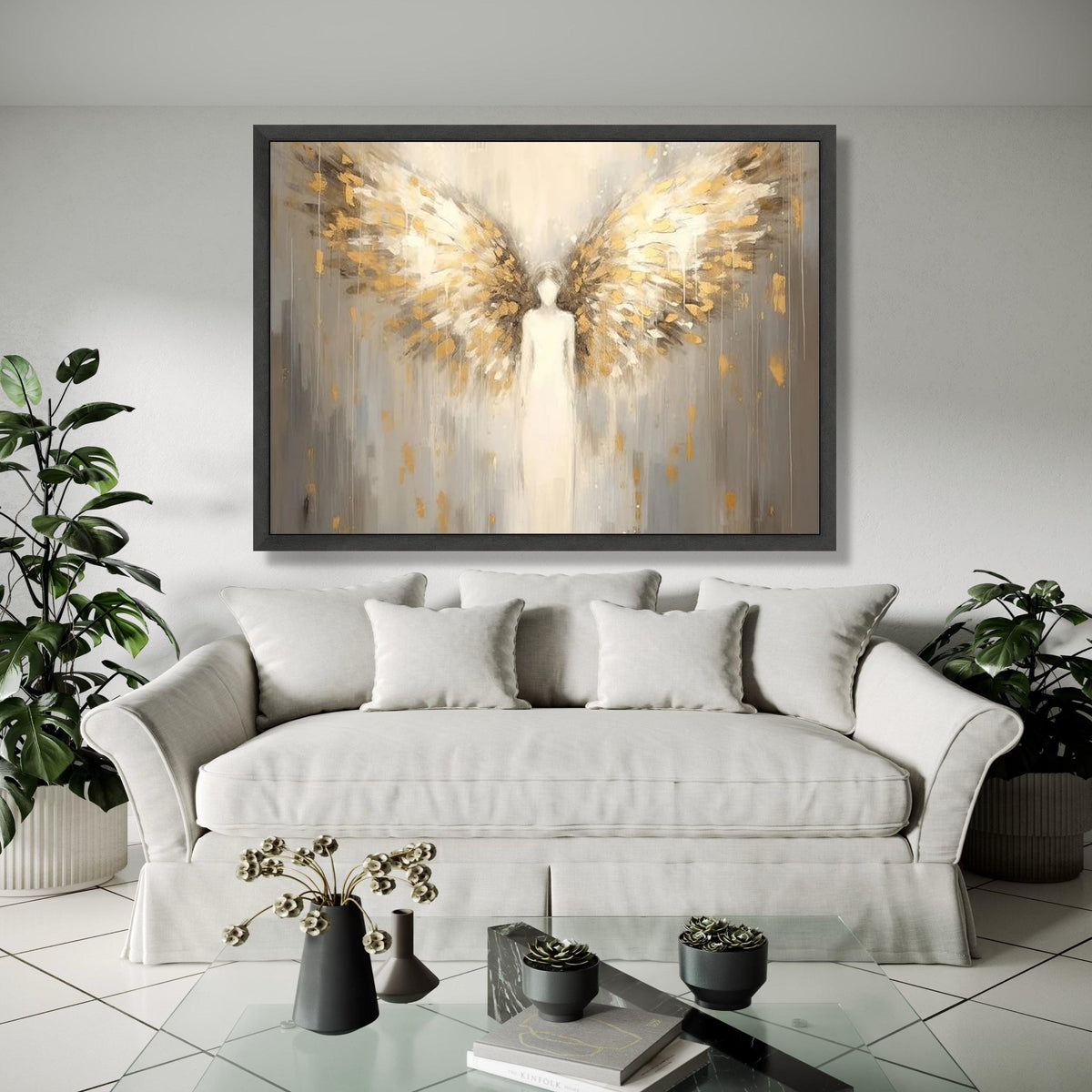 Ethereal angel wings canvas, abstract angel wall art, golden feathers painting, spiritual home decor, modern Gift Art, Home Decor, Print