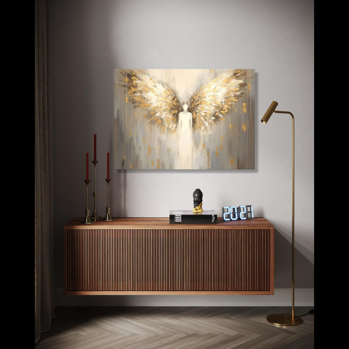 Ethereal angel wings canvas, abstract angel wall art, golden feathers painting, spiritual home decor, modern Gift Art, Home Decor, Print
