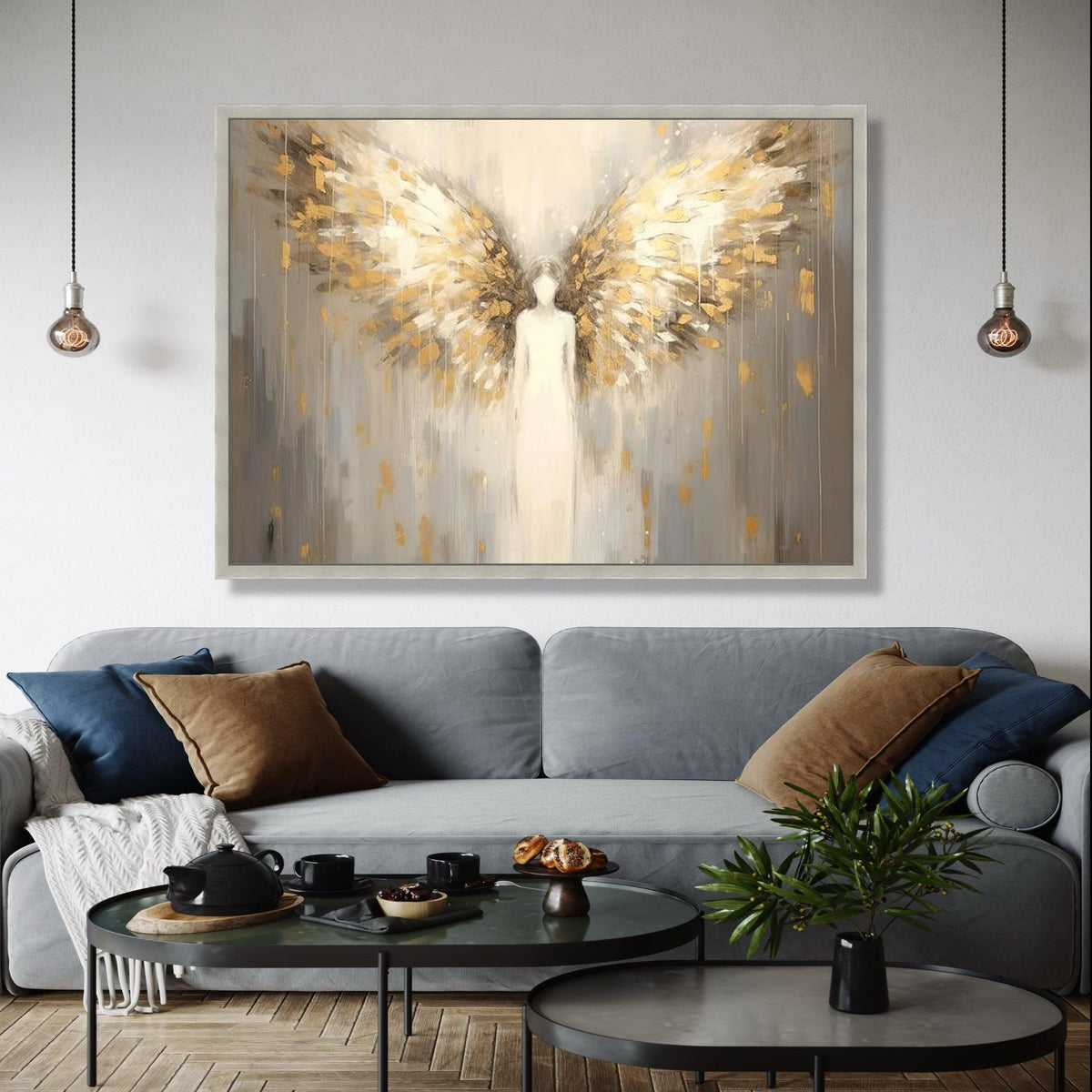 Ethereal angel wings canvas, abstract angel wall art, golden feathers painting, spiritual home decor, modern Gift Art, Home Decor, Print