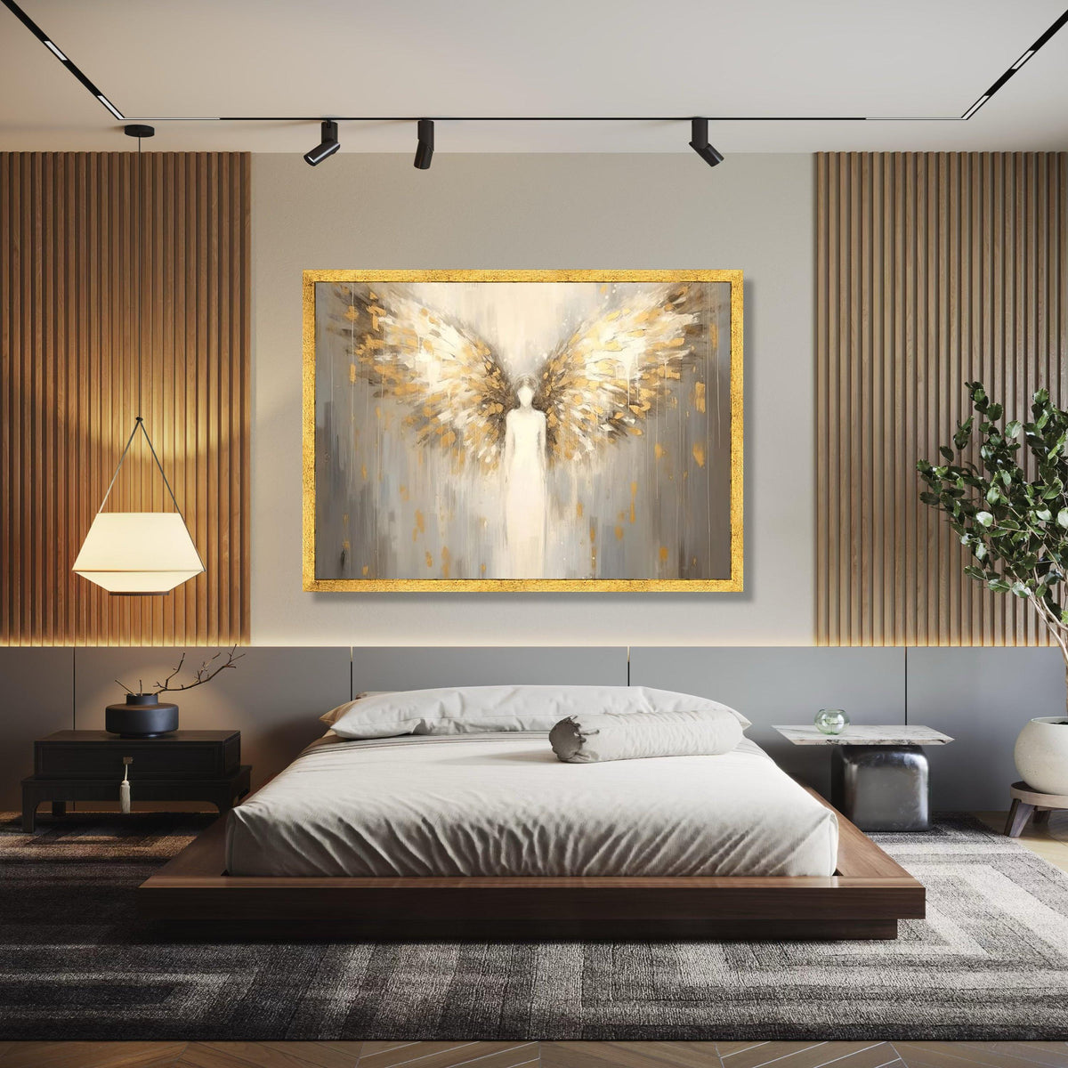 Ethereal angel wings canvas, abstract angel wall art, golden feathers painting, spiritual home decor, modern Gift Art, Home Decor, Print